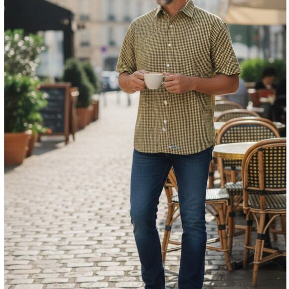 TED BAKER London Men Shirt Gingham Check Yellow Blue Size 4 L/XL Short sleeve - Picture 1 of 15